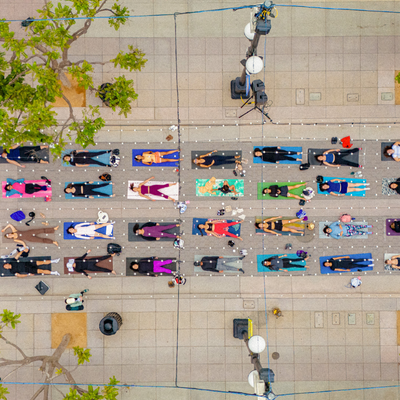 Aerial view of a large outdoor fitness brand activation produced by Motion LA at an experiential marketing event in Los Angeles